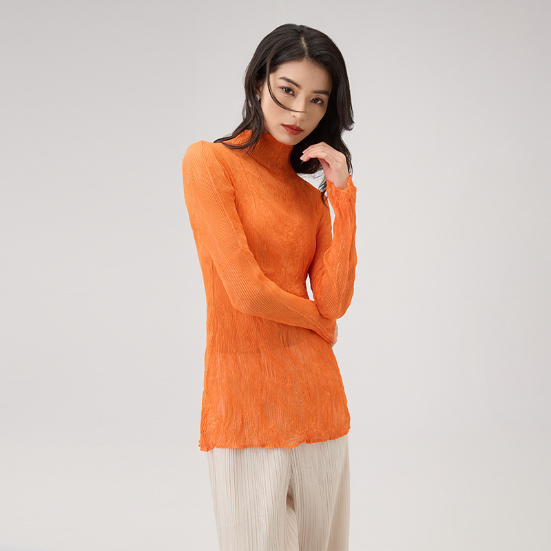 2025年プリーツトップス レディース 高級感 テンセル素材 透け感 レース 超伸縮性 スリムフィット 若見え 薄手Tシャツ