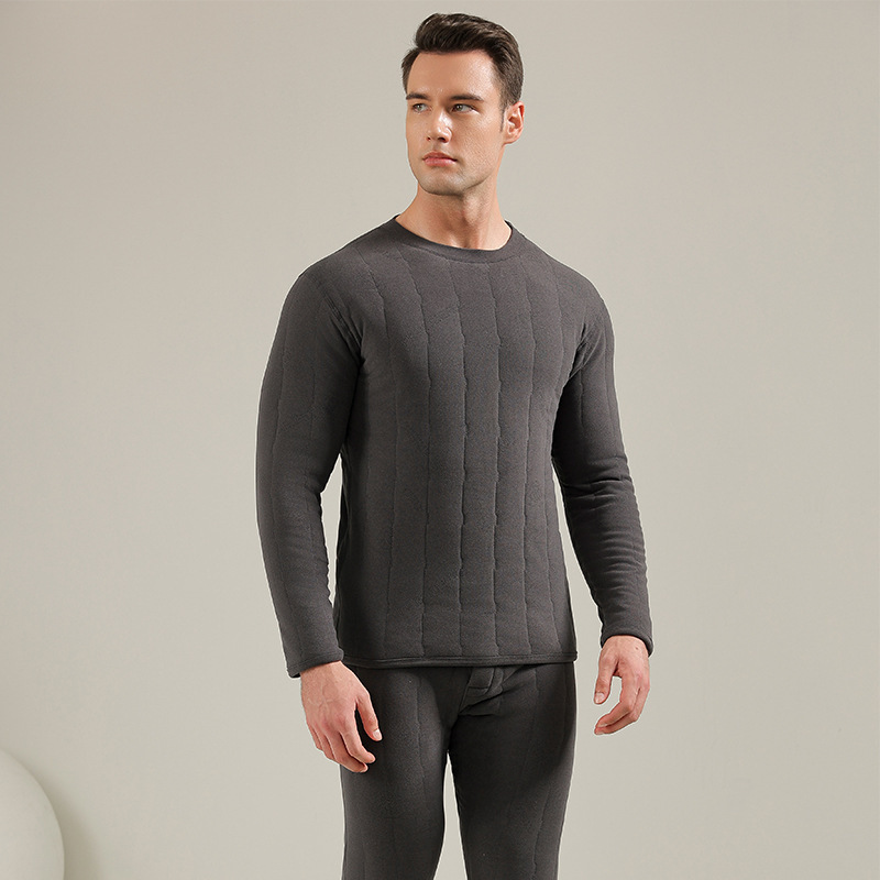Middle-aged and elderly wool thermal underwear men's mid-collar fleece-lined thickened suit three-layer quilted super thick warm clothes for the elderly