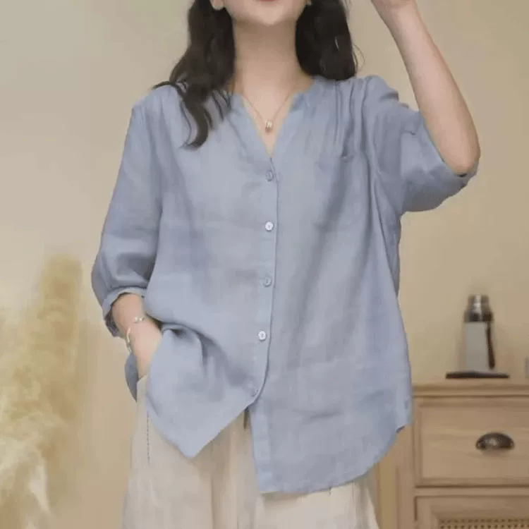 Летняя однотонная рубашка, plus size, оверсайз, V-образный вырез, западный стиль