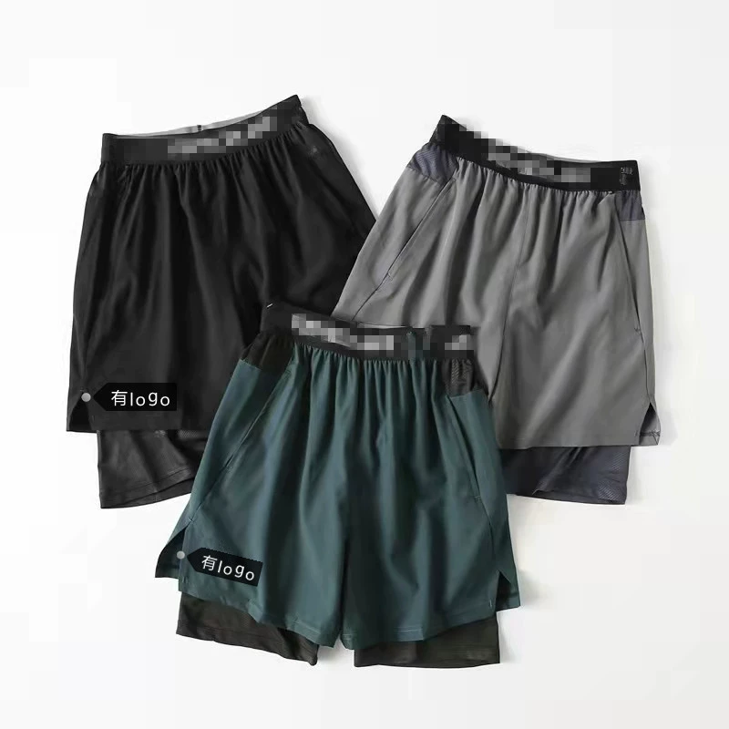 LULU летние мужские спортивные шорты для фитнеса, тканые спортивные эластичные быстросохнущие свободные дышащие двухслойные брюки с пятью точками
