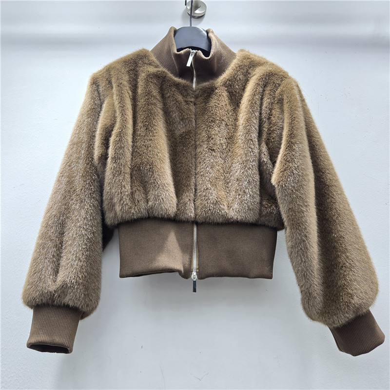 Francia otoño / invierno 2025 nueva imitación de pelo de visón abrigo de piel ecológico para mujeres nichos de cuello alto cremallera corta chaqueta de moda image 3