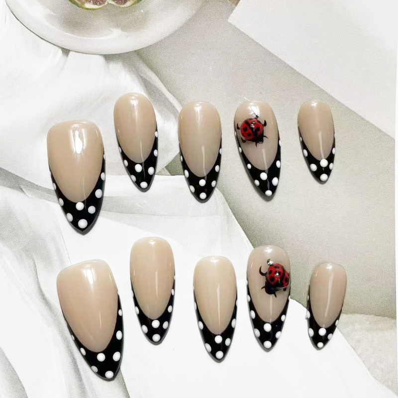 Cross-Border European and American New Style Pure Handmade Wearable Nails, Three-Dimensional Retro Polka Dot French Almond Nails, High-End Detachable Nail Art