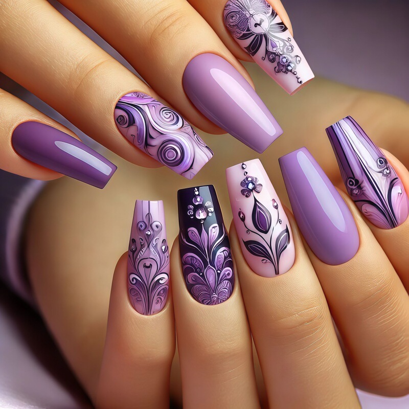 Diamond-Free Textured Wearable Nail Tips in Light Purple Swirl Texture Floral Nail Art Decoration Fake Nail Tips Wholesale Tc29