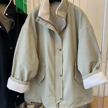 韩系中长款加绒加厚派克服女2025冬季新款宽松拼接羊羔毛棉衣外套