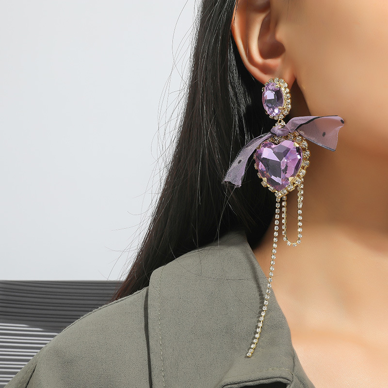 Korean fashion romantic exaggerated earrings retro purple peach heart ribbon bow tassel earringspicture5
