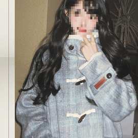 法式时髦格纹牛角扣毛呢外套冬季新款感小个子加厚呢子大衣潮