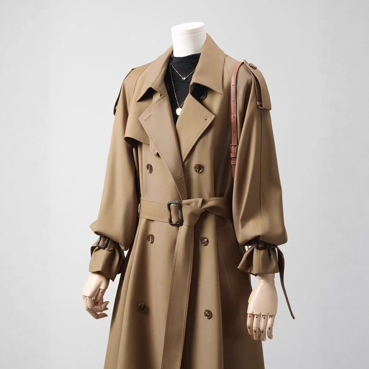 Spring and Autumn 2026 New Classic Lapel Waist-Cinching Tie Belt Khaki Mid-Length Trench Coat for Women