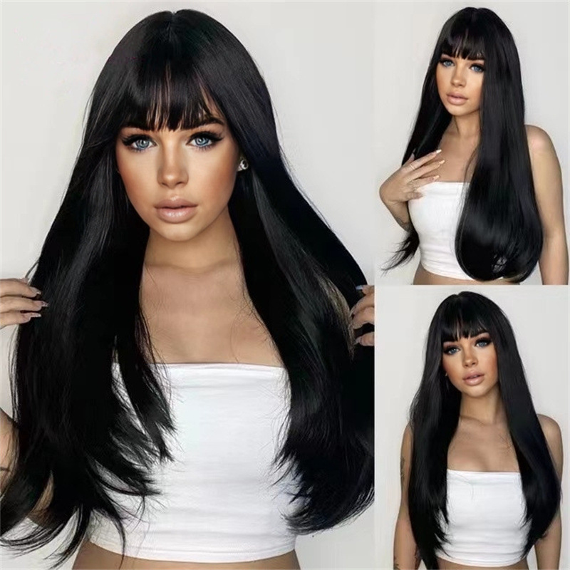 Foreign Trade Wig for Women with Black Bangs, Long Straight Hair, Fluffy Face-Shaping Fashionable Hot Girl Chemical Fiber Full Headgear Foreign Trade Wig for Women with Black Bangs, Long Straight Hair, Fluffy Face-Shaping Fashionable Hot Girl Chemical Fiber Full Headgear