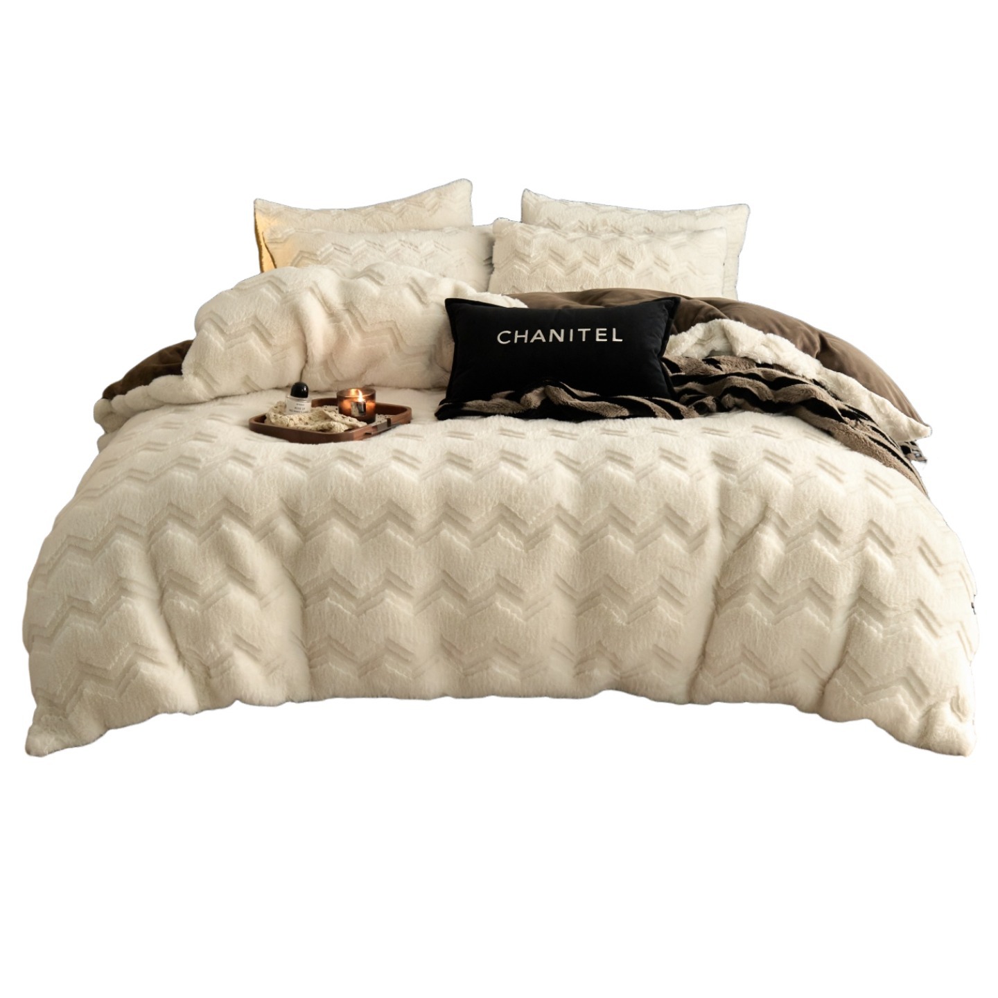 Piel de alta gama conejo de peluche de cuatro piezas leche de peluche de invierno engrosado de coral de color sólido sábanas de cama