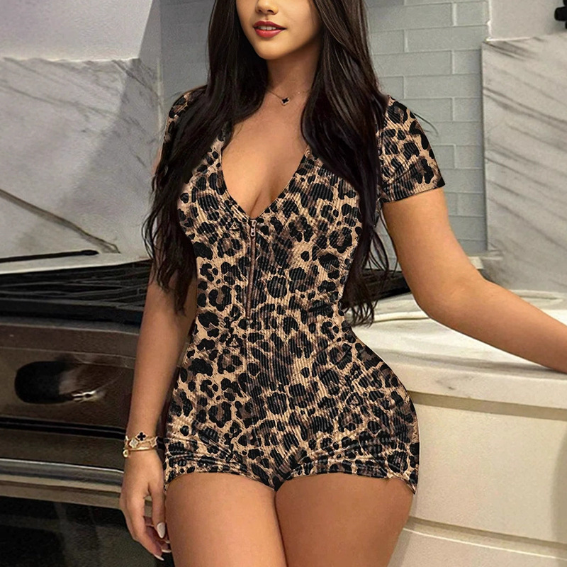 European and American Summer Leopard Print Pattern Stylish V Neck Fashion Tight Sexy Butt-Lifting Jumpsuit for Women Deep V Neck Jumpsuit for Women