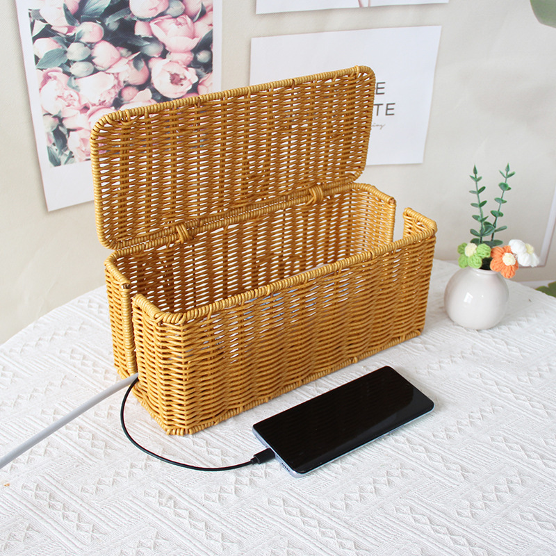 Imitation Rattan Woven Storage Basket, Multifunctional Cable Box, Desktop Power Strip Socket, Data Cable Power Organizer Box