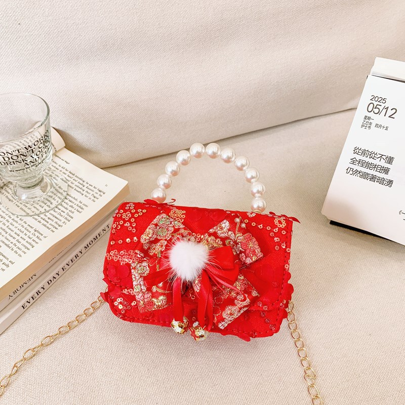 Bolsos rojos para niños, bolsos de arco de perla para chicas, regalos de Navidad y Año Nuevo, bolsos de transporte