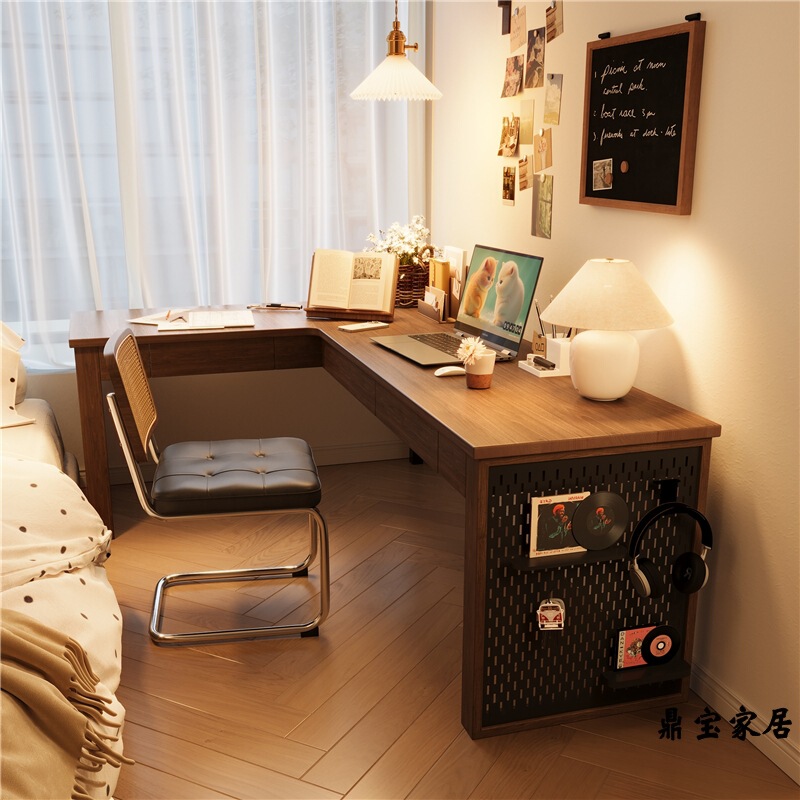 Solid Wood Bedroom Home Computer Desk with Drawer, Integrated Corner Desk, Wall-Mounted Double L-Shaped Corner Table for Guesthouses
