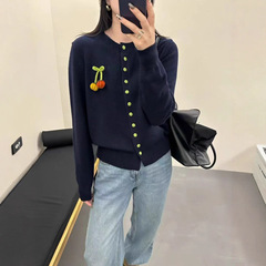 秋季新款女装时尚百搭绣花圆领长袖针织开衫韩系气质显瘦毛衣外套