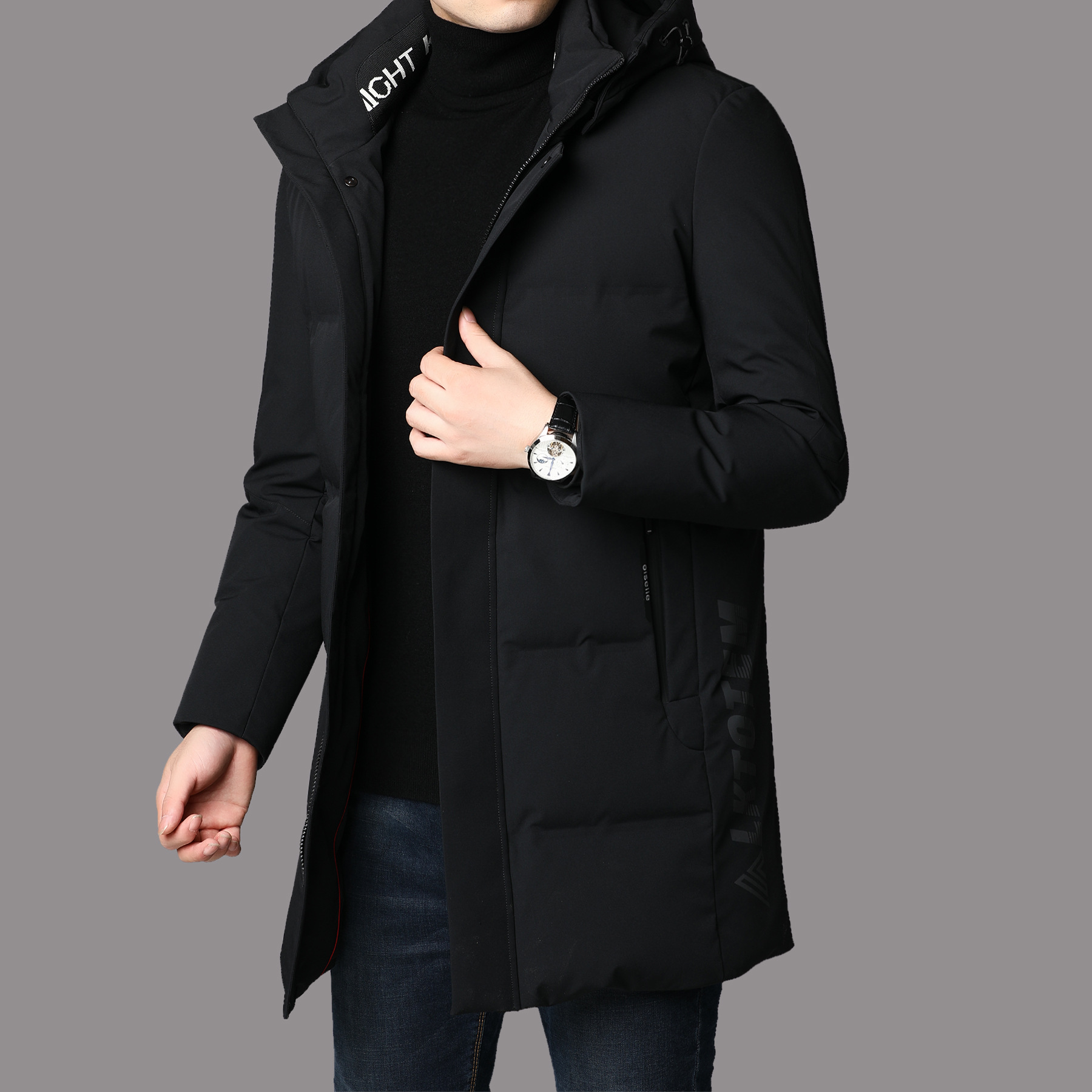 겨울 신상 남성 다운 재킷 두꺼운 대형 중간 길이 젊은 남성용 흰색 오리털 다운 재킷