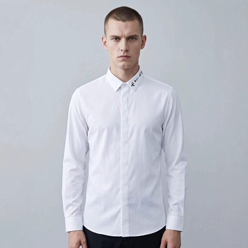Men's Luxury Embroidered Signature Long-Sleeve Shirt, Versatile White Slim-Fit Shirt with a High-End Feel Men's Luxury Embroidered Signature Long-Sleeve Shirt, Versatile White Slim-Fit Shirt with a High-End Feel