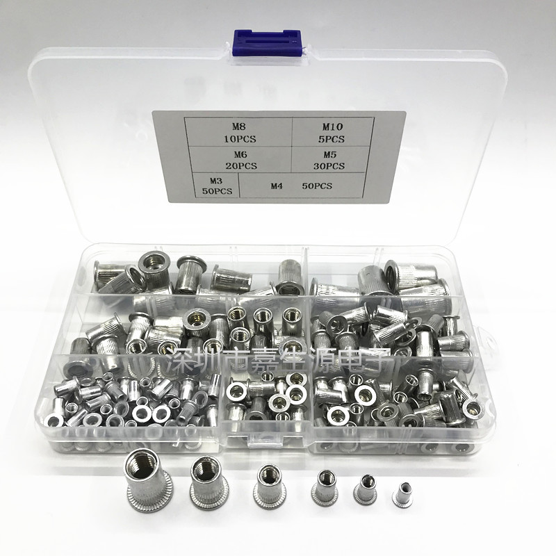跨境货源165pcs盒装铝制铆螺母M3-M10平头紧固竖纹通孔拉帽铆螺母