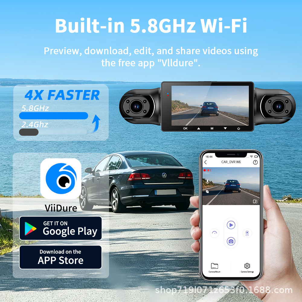 Four-channel dashcam, 1080P high-definition, panoramic night vision, built-in WiFi for smartphone connectivity, parking monitoring, and G-sensor