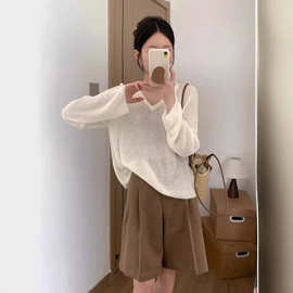 春装新款慵懒风镂空长袖罩衫周末度假V领针织衫韩系女装简约上衣