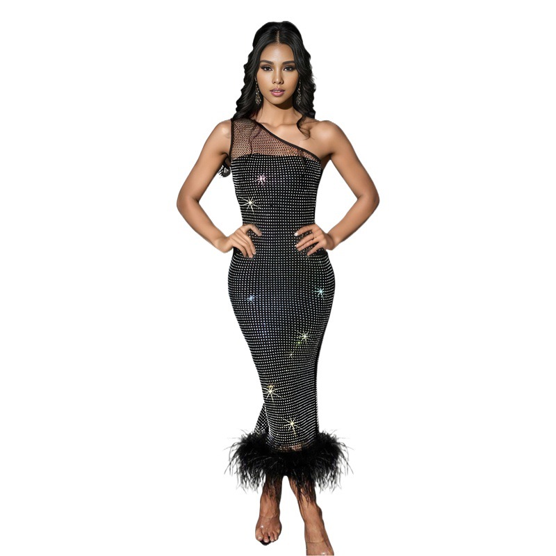 C6666 transfronterizo AliExpress Amazon europeo y americano de la moda de las mujeres solo hombro malla rhinestone pluma vendaje vestido image 1