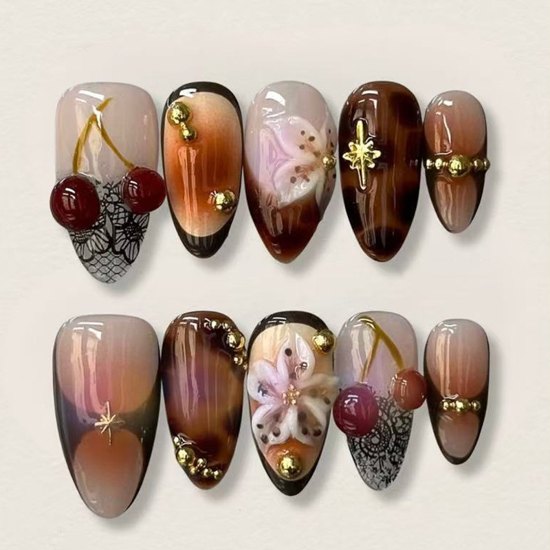 Foreign Trade Press-On Nails Cherry Blossom Rhinestone Press-On Nails 24 Pieces Finished French Almond Nails European and American Press-On Nails