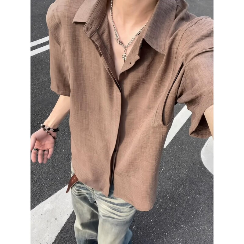 Old Money Style Faux Linen Short-Sleeve Shirt for Men, Summer Thin Deconstructed Design Shirt with Drape Effect, Breathable Sun Protection Jacket