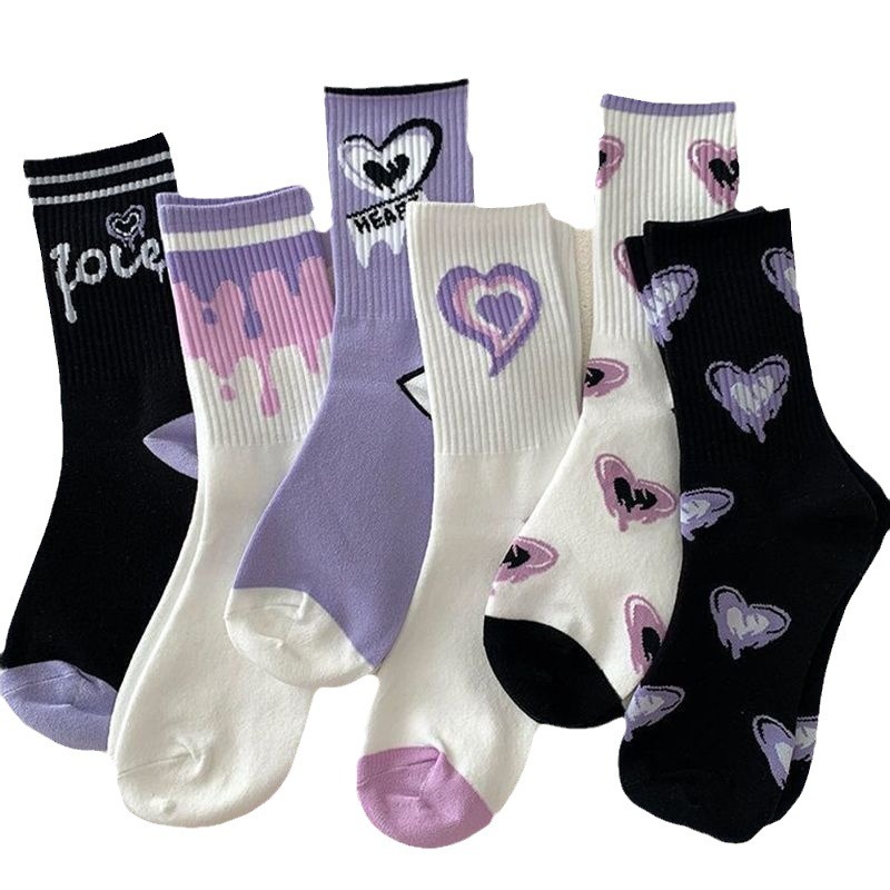 Calcetines finos hasta la pantorrilla para mujer, estilo coreano, modernos y versátiles, con diseño de corazón morado, para conjuntos de vestir, para otoño e invierno.