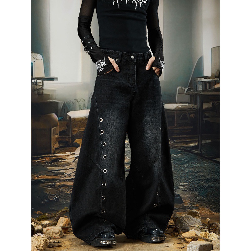 Darkwear Herren-Jeans mit Metallring im Used-Look – Avantgardistisches Design mit Hohlsaum, lässige, weite Cropped-Silhouette (Schwarz, S-XXXL)_voghion.com