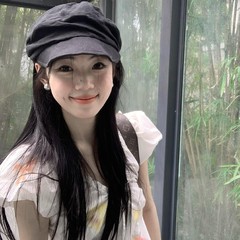日系薄款亚麻黑色褶皱云朵贝雷帽女夏季透气大头围画家帽子报童帽