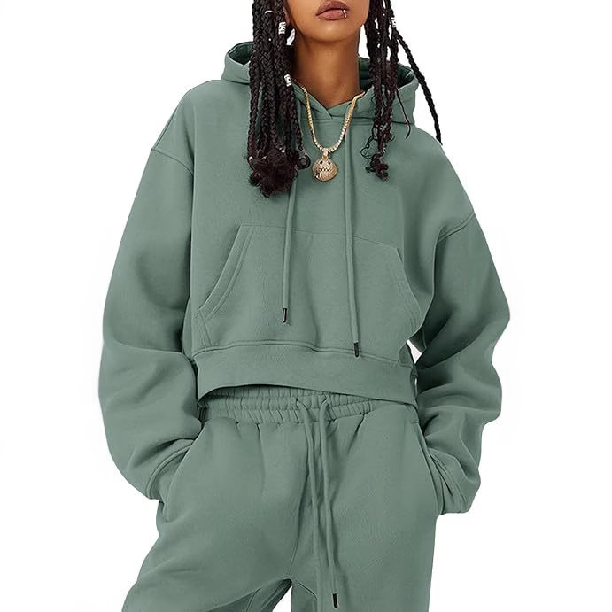 Cross-Border 2025 Autumn and Winter Fleece-Lined Thick Solid Color Short Sweatshirt and Sweatpants European and American Style Hot Girl American Sports Suit for Women