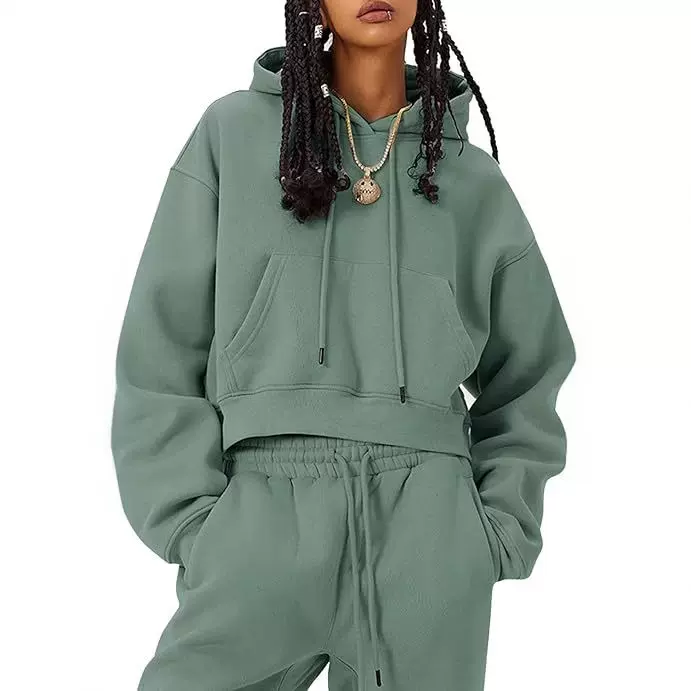 跨境2025秋冬加绒加厚纯色短款卫衣卫裤欧美辣妹美式运动套装女