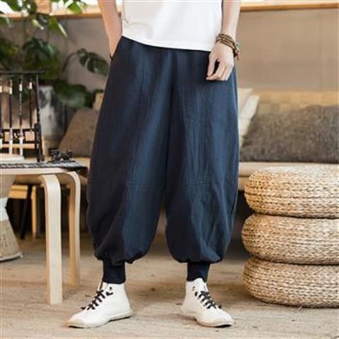Fatty plus fat tallas grandes pantalones anchos con sensación de caída pantalones de lino sueltos de nueve puntos de estilo chino pantalones de linterna pantalones harem