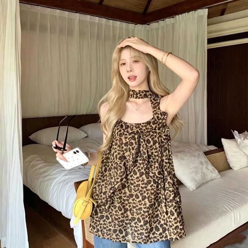 Cross-Border Foreign Trade Korean-Style Ruffled Leopard Print Sleeveless Camisole for Women, Summer Pure Desire Spicy Girl Top, Niche Style Cross-Border Foreign Trade Korean-Style Ruffled Leopard Print Sleeveless Camisole for Women, Summer Pure Desire Spicy Girl Top, Niche Style