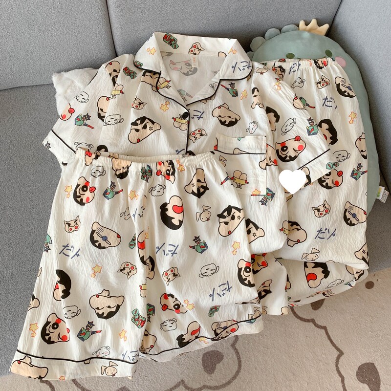 Cloud Cotton Three-Piece Set - Crayon Shin-chan Cartoon Pajamas for Girls, Summer Short-Sleeve Long Pants, Cute Home Wear for Students Cloud Cotton Three-Piece Set - Crayon Shin-chan Cartoon Pajamas for Girls, Summer Short-Sleeve Long Pants, Cute Home Wear for Students