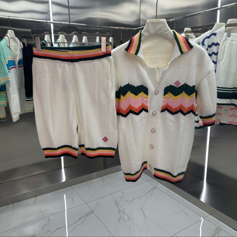Foreign Trade Casa Casablanca Knitwear Sweater Short-Sleeve Jacquard Cardigan Polo Shirt Couple Shorts Set