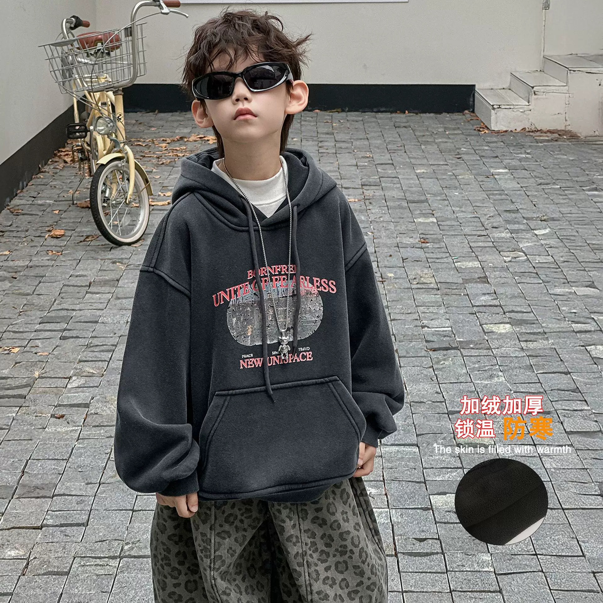 男童卫衣儿童深秋韩版2025新款连帽加绒秋季套头潮范美式上衣运动