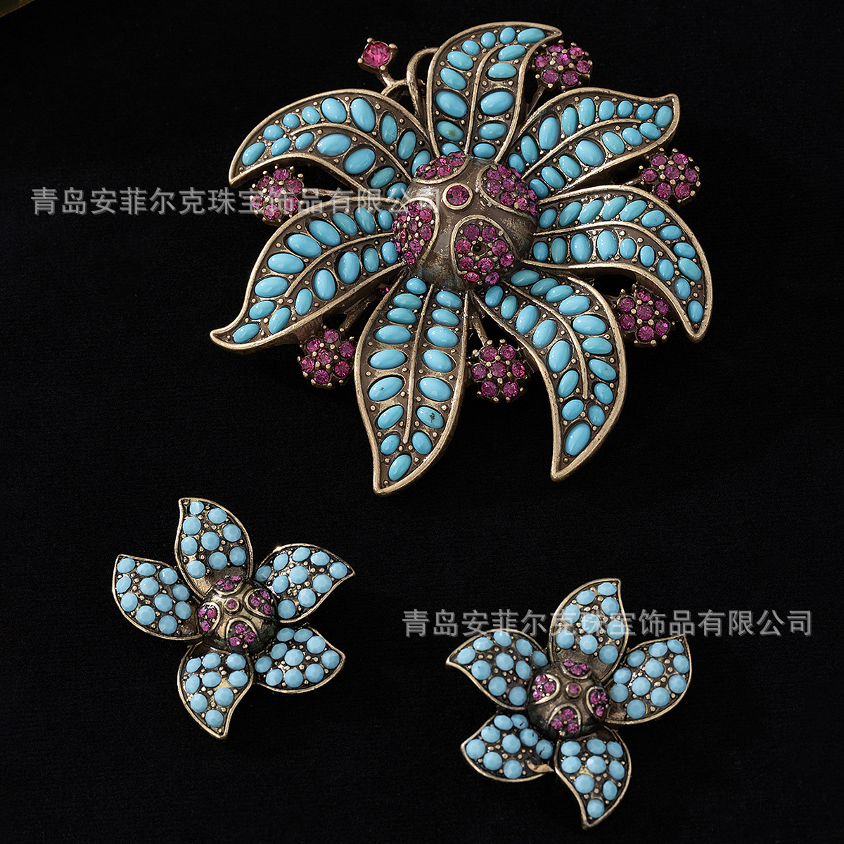 Retro Floral Brooch Set, Imitation Blue Turquoise Earrings, Purple Diamond Elegant Corsage Accessories, Accessible Luxury High-End Set