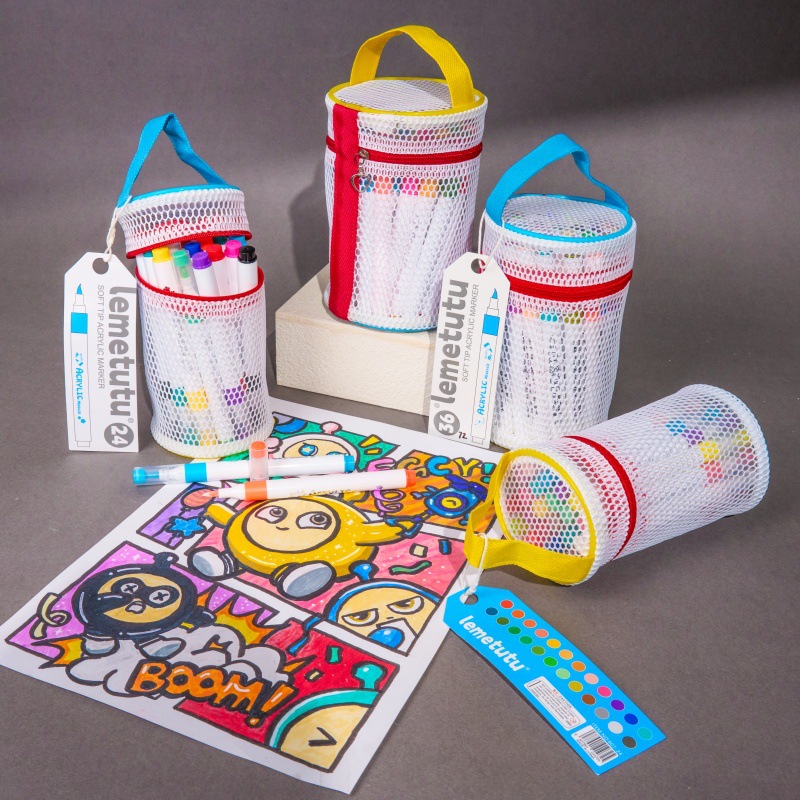 Portátil acrílico marcador conjunto de dibujo de niños cabeza suave opaco color plegable 24 colores 36 bolsas de red portátiles