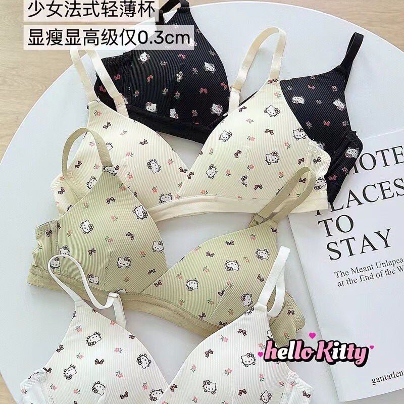 Japanese-Style Hello Kitty Print Thin Bra, French-Style Light Cup, Breathable and Comfortable, Versatile Seamless Underwear for Women Japanese-Style Hello Kitty Print Thin Bra, French-Style Light Cup, Breathable and Comfortable, Versatile Seamless Underwear for Women