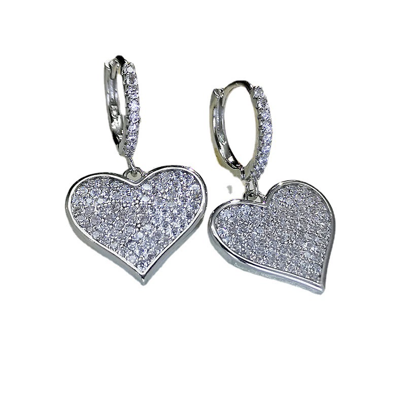 Серебряная игла, стильные серьги, сердце из циркония, аксессуар, образец серебро 925, японский и корейский стиль, корейский стиль, простой и элегантный дизайн, стиль лёгкого люкса