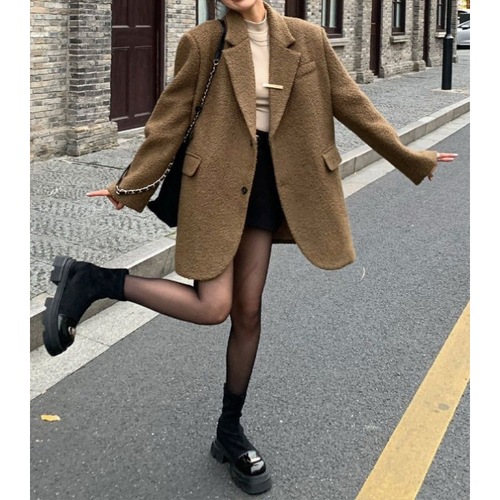 2023 Autumn and Winter Light Luxurious Maillard Temperament Loose, Slimming and Whitening Casual Mid-Length Suit Jacket