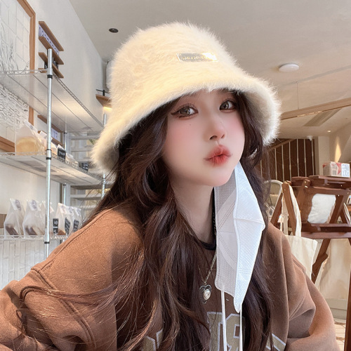 New Rabbit Fur Fisherman Hat for Women, Fall/Winter Versatile, Face-Smaller Bucket Hat, Korean Style, Warm and Stylish, Face-Hiding Basin Hat