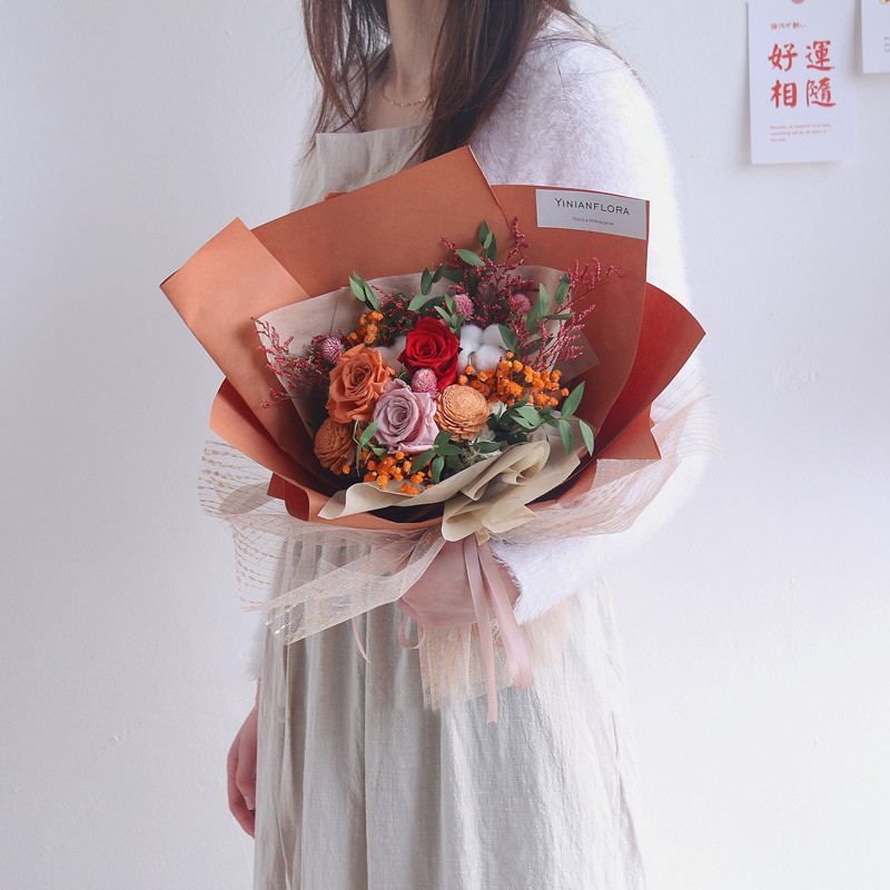 Qixi vintage naranja flor eterna ramo rosa de madera de algodón flor seca decoración de la sala de estar para la novia de cumpleaños regalo de vacaciones