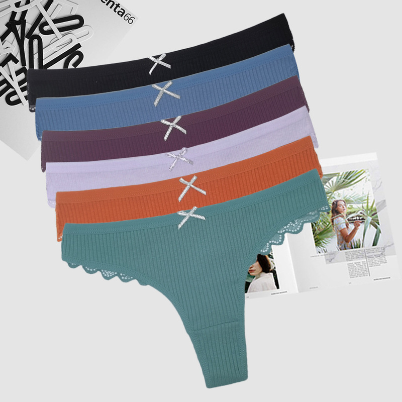 In-Stock Foreign Trade Women's Lace-Trimmed Thongs, Comfortable Ribbed Women's T-Pants Cotton Underwear Wholesale from Manufacturer