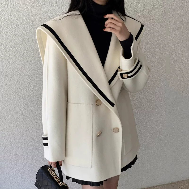 Demi-season retro navy woolen coat for leisure made of faux fur, jacket, Korean style, French retro style, oversize