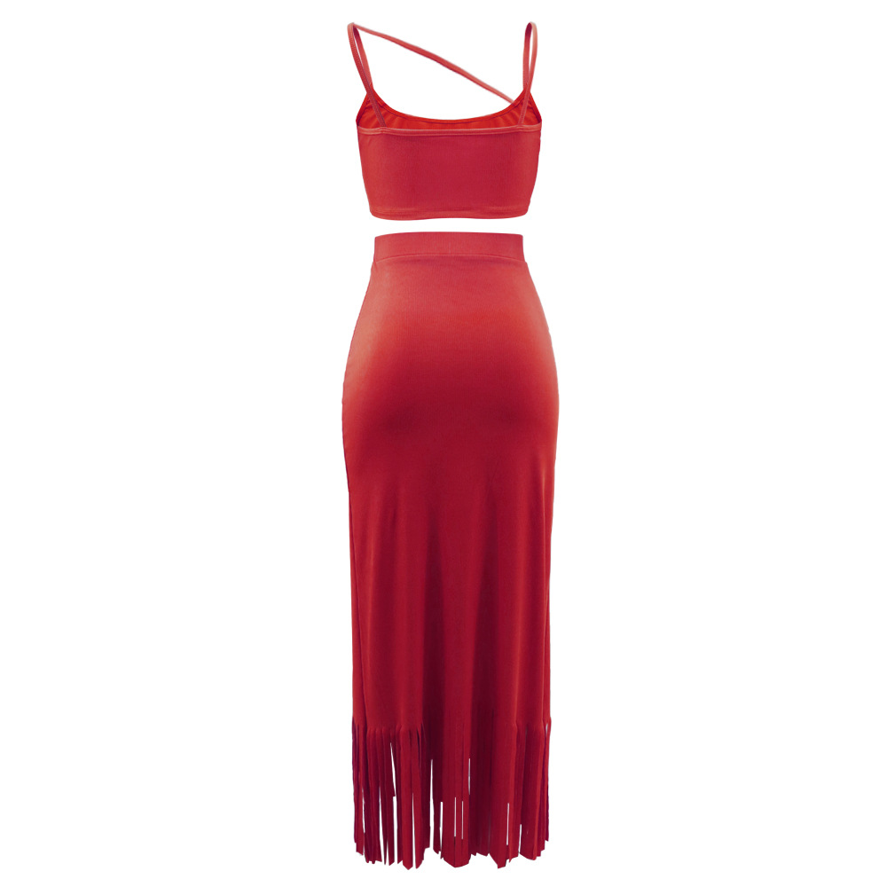 Sleeveless Cropped Short Vest Small Pit High Waist Tassel Dress Two Piece Set