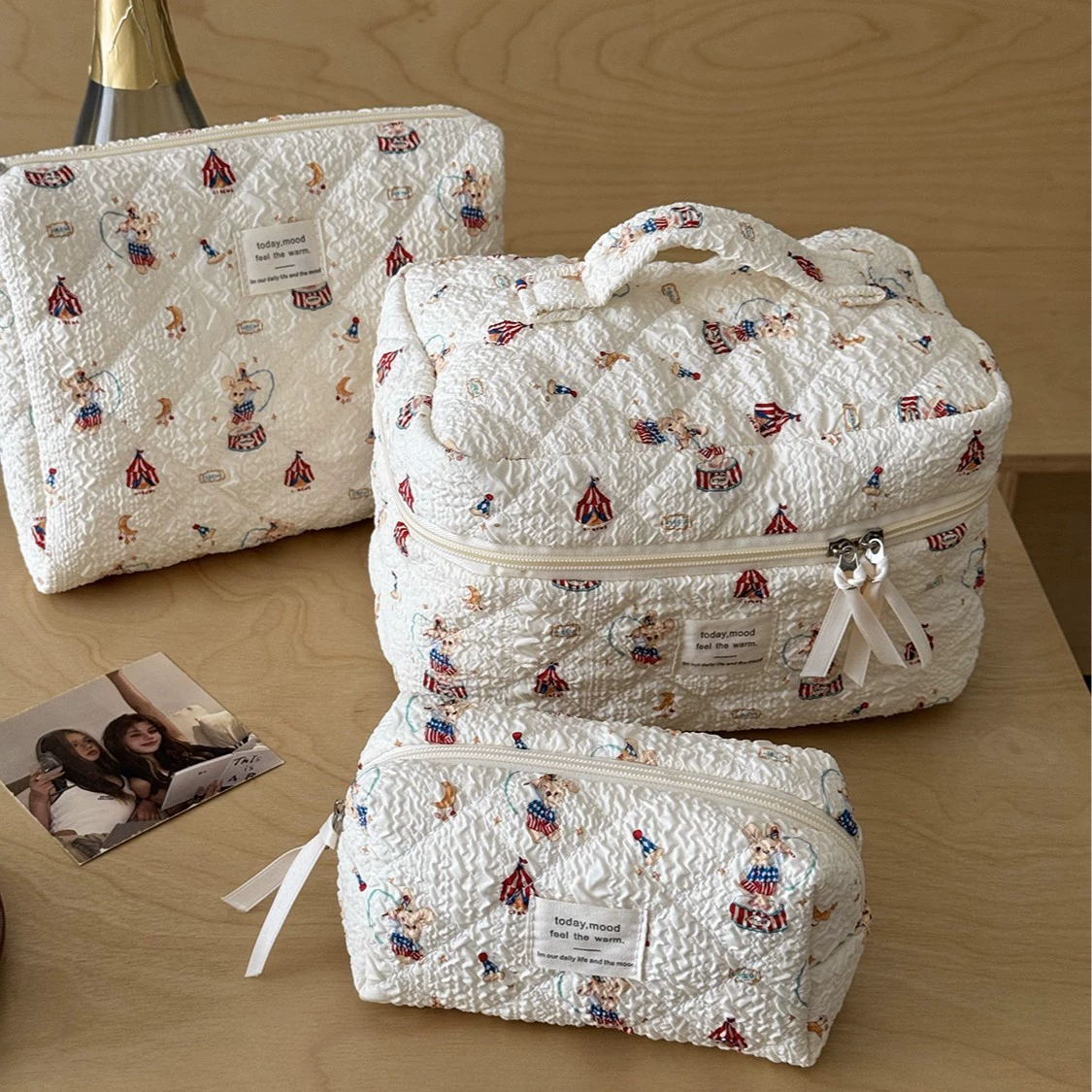Capacious cosmetic bag with bow, handheld soft organizer bag, flowered