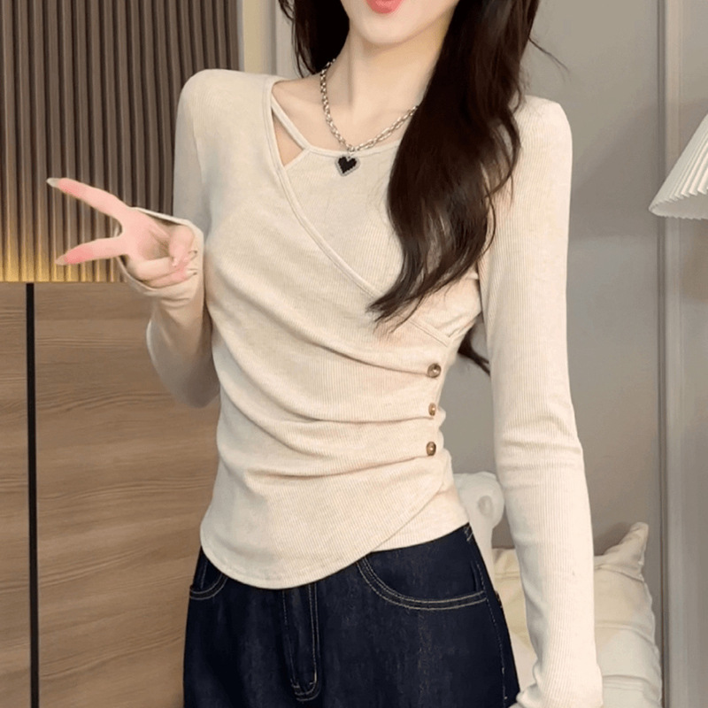 In Stock 2026 Autumn New Style T-Shirt with Decorative Buttons, Solid Color Base Shirt, Waist-Cinching, Slim-Fit, Long-Sleeve Top In Stock 2026 Autumn New Style T-Shirt with Decorative Buttons, Solid Color Base Shirt, Waist-Cinching, Slim-Fit, Long-Sleeve Top
