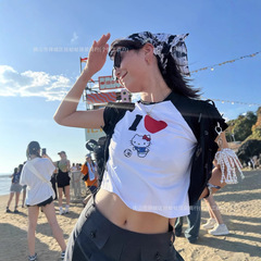 韓国のトレンディなブランドニッチかわいい漫画猫プリントスリムフィット東大門ショートラグランスリーブインスタイル半袖トップ