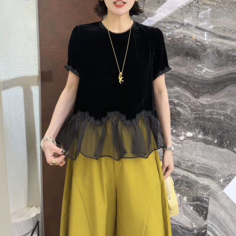Silk Velvet Hem, Silk Organza Lace, Round Neck, Beaded Top, Fashionable, Age-Reducing, Slimming, Elegant Shirt for Summer